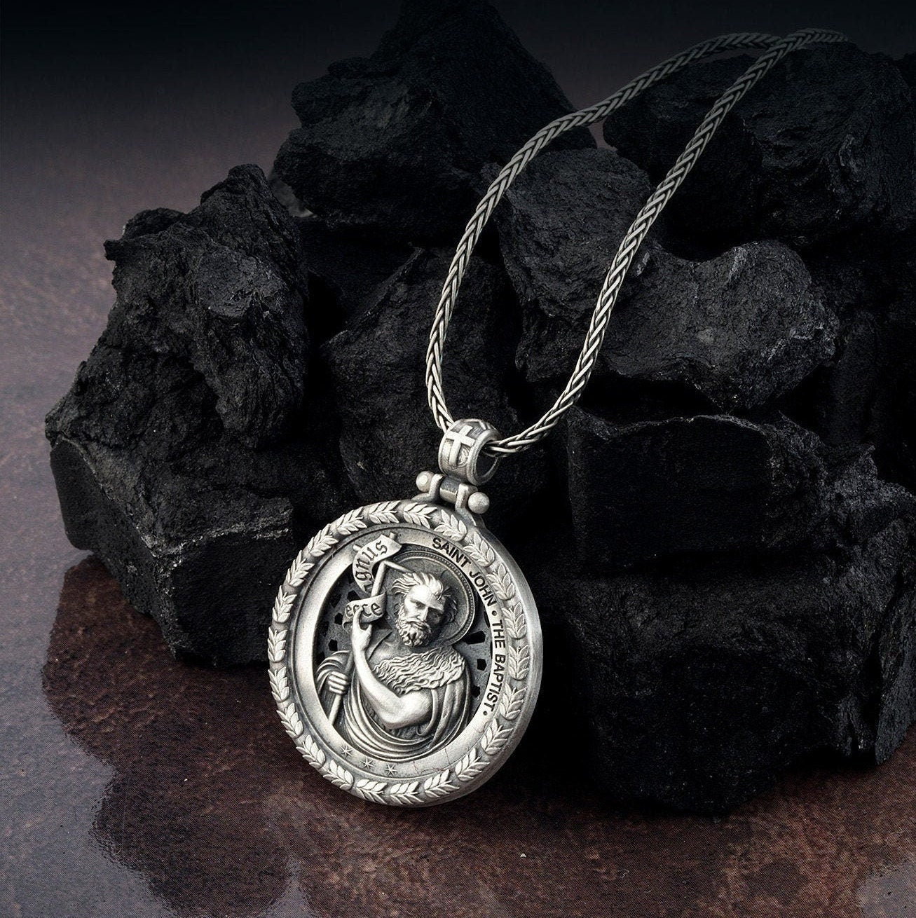 Saint John the Baptist Silver Necklaces, Saint John Pendants, Religious Man Medallion, Christian Men Jewelry, Unique Gift For Father's Day