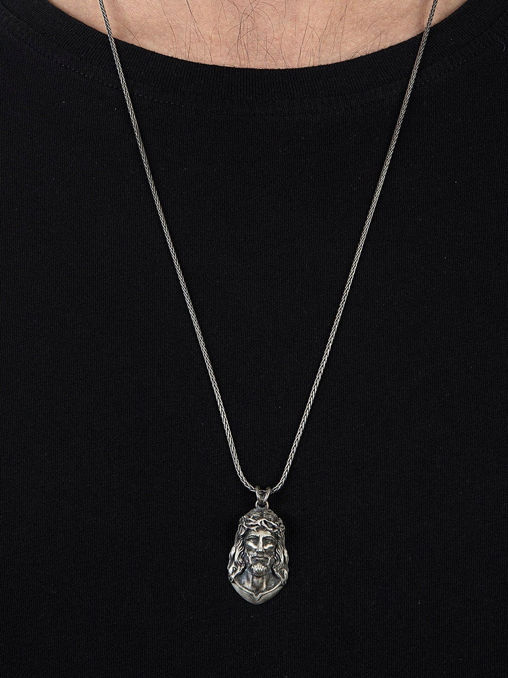 Thorny Crown Jesus Necklace, Jesus Pendant, Religious Jewelry, Solid Silver Jesus Necklace, Gift For Father's, Unique Gift For Father's Day