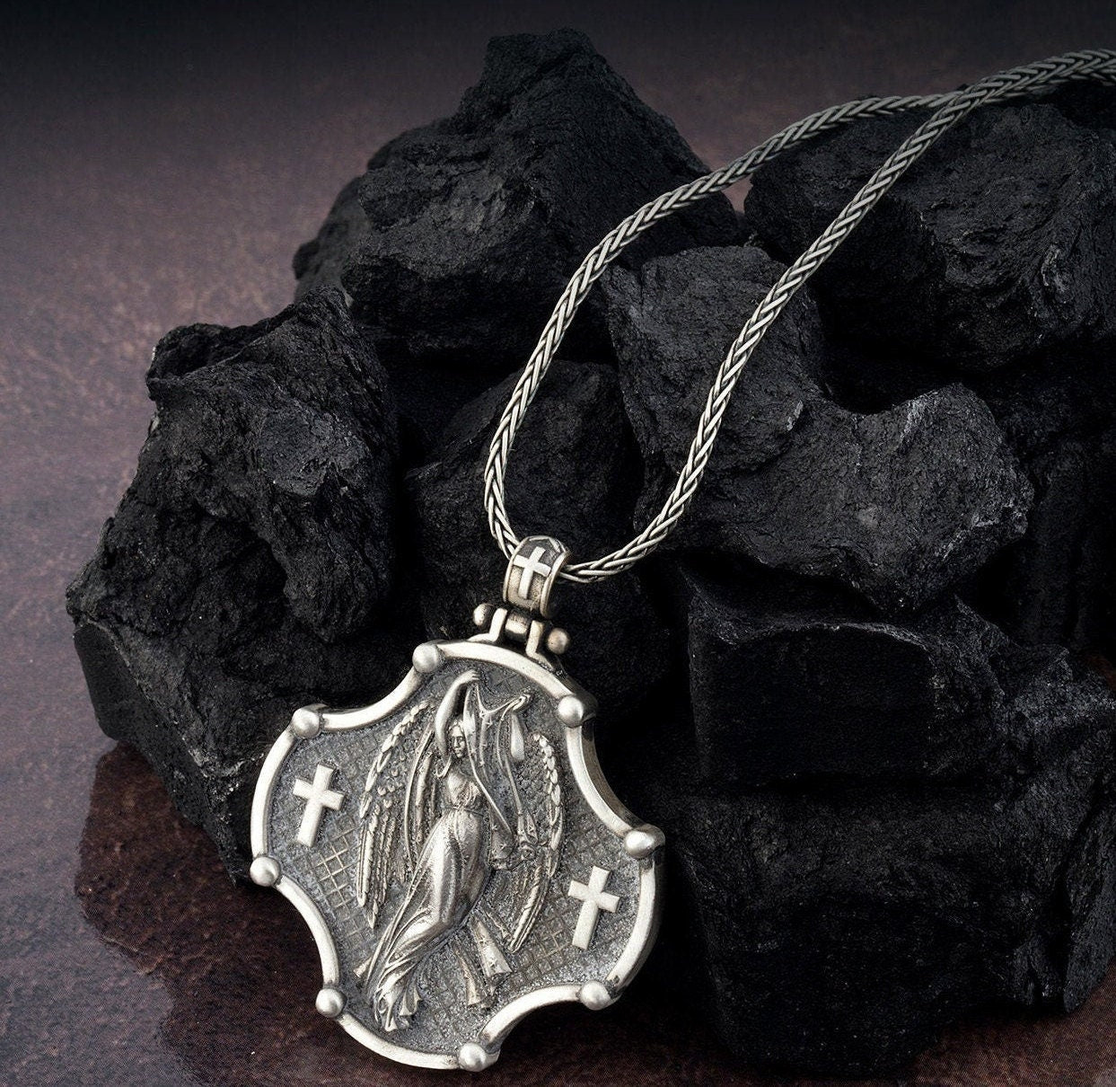 Sterling Silver Angel Pendant, Angel Wings Necklace, Christian Jewelry, Night Angel Necklace, Religious Gifts, Unique Gift For Father's Day
