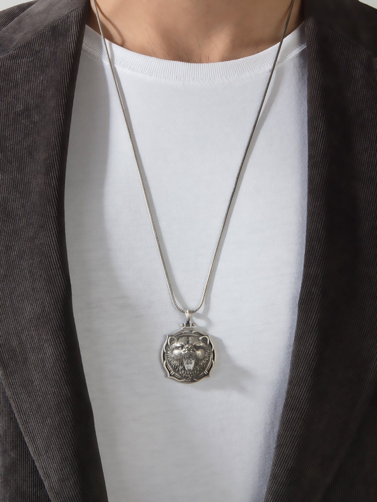 Wild Bear Necklace, Silver Animal Jewelry For Man, Gift For Fathers, Viking Bear Head Pendant, Gift For Men's, Unique Gift For Father's Day