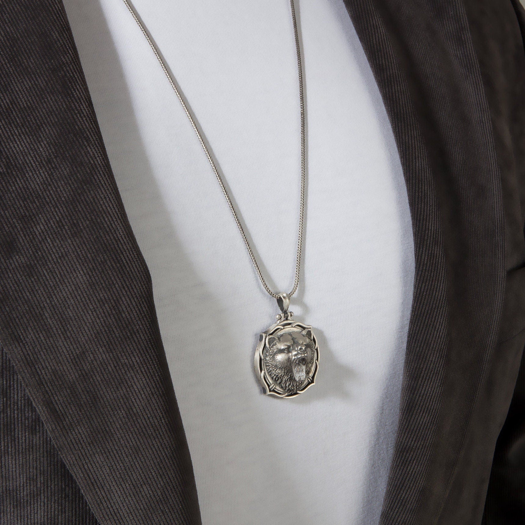 Wild Bear Necklace, Silver Animal Jewelry For Man, Gift For Fathers, Viking Bear Head Pendant, Gift For Men's, Unique Gift For Father's Day