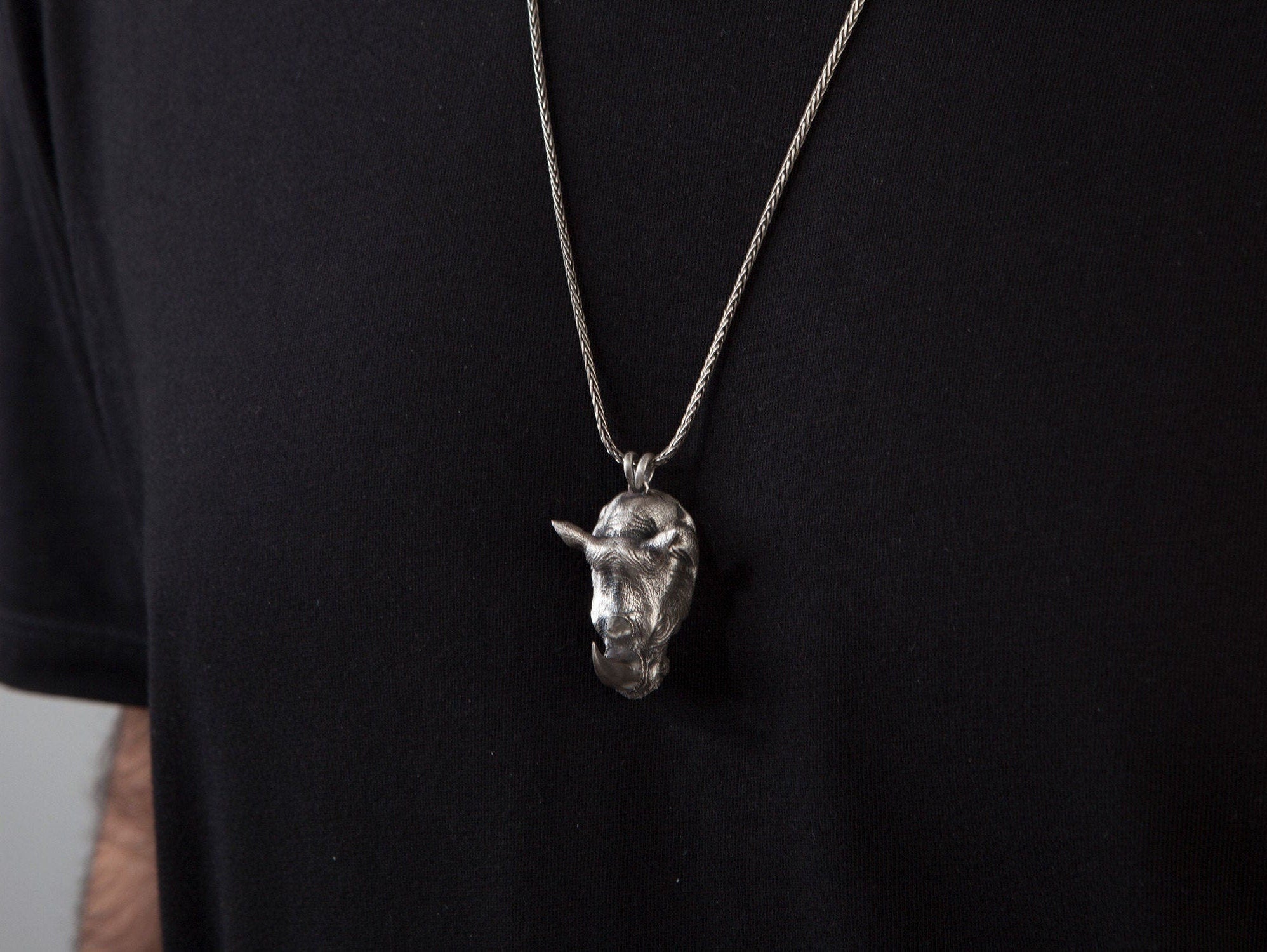 Sterling Silver Rhino Man Necklace, Rhino Head Pendants, Animal Necklaces, Gift For Men's, Gift For Father's, Unique Gift For Father's Day