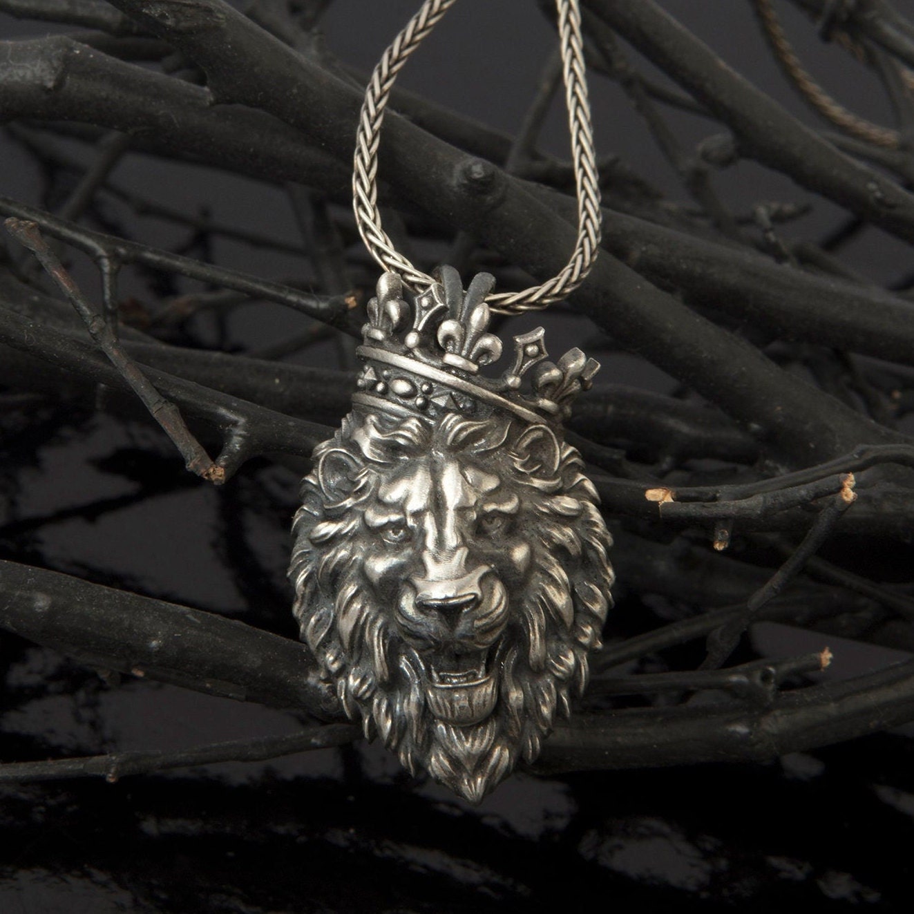 Solid Silver King Crowned Lion Pendant, Wild Lion Necklace For Man, Gift For Father, Best Gifts For Boyfriend, Unique Gift For Father's Day