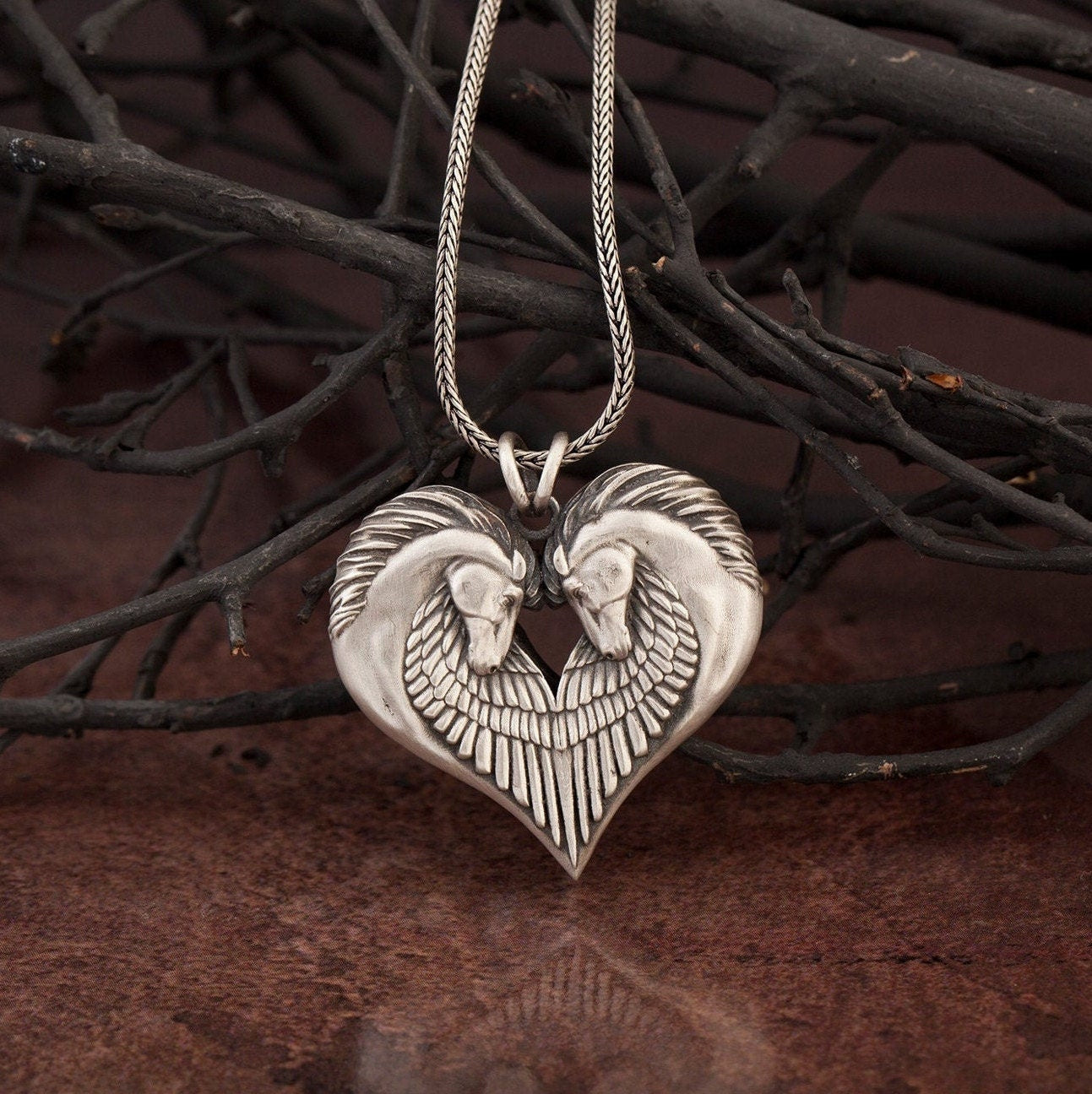 Solid Silver Pegasus Pendant, Twin Pegasus Necklace, Horse Head Pendant, Mythology Necklace, Gift For Fathers, Unique Gift For Father's Day