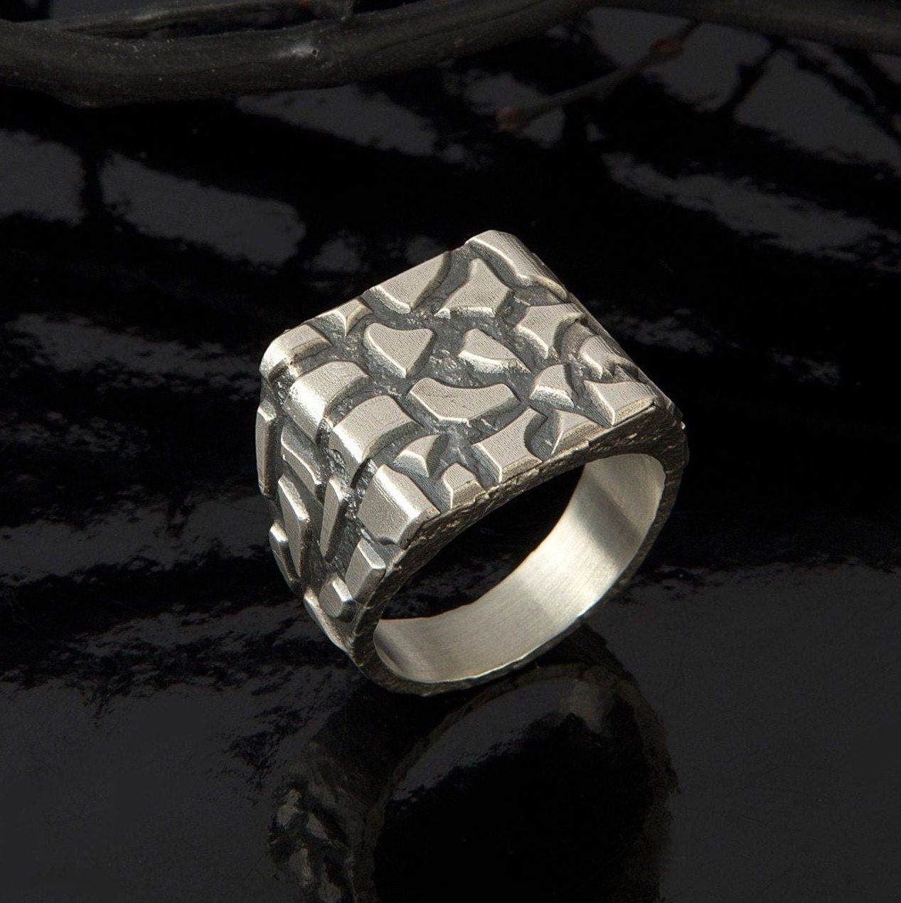 Signet Square Man Rings, Men's Wedding Engagement Rings, Rock Pattern Ring, Modern Statement Silver Man Rings, Unique Gift For Father's Day
