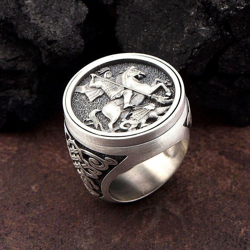 Silver Saint George Ring, St George With The Dragon, Signet Rings For Men, Unique Religious Jewelry For Father, Unique Gift For Father's Day