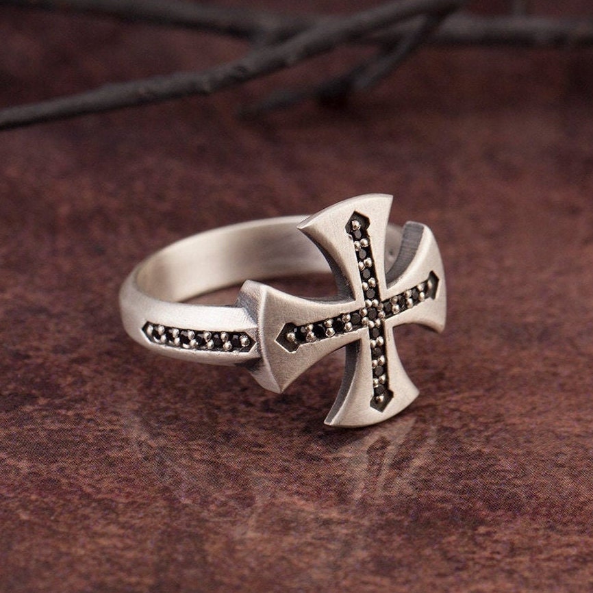 Silver Cross Men Ring, Crucifix Rings, Templar Cross, Men's Christian Religious Gifts, Black Diamond Man Ring, Unique Gift For Father's Day
