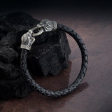 Men’s Black Braided Leather Bracelet with Sterling Silver Lion Heads