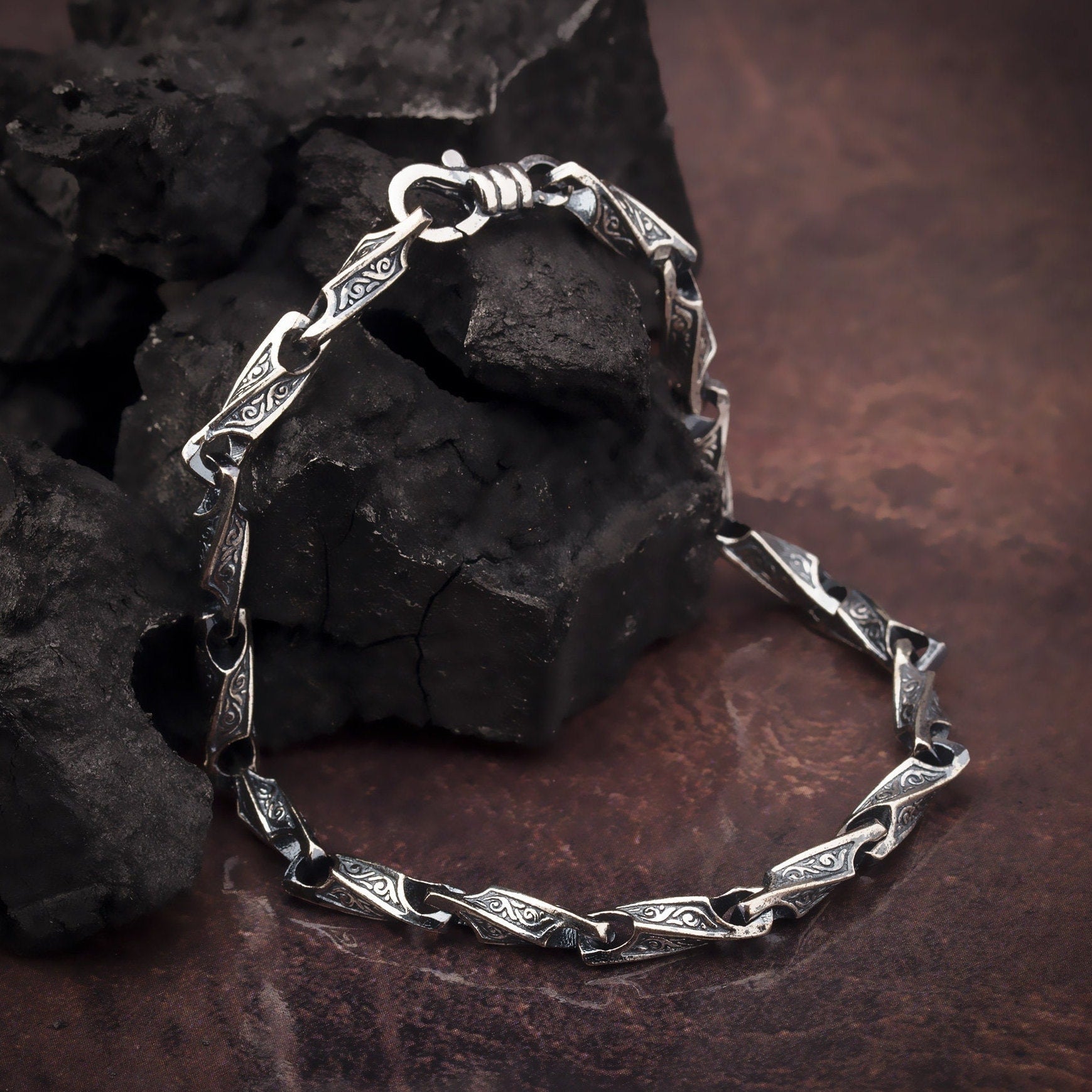 Silver Byzantine Man Chains, Handmade Unique Chain Bracelets, Men's 925 Silver Chain Gifts, Engraved Bracelet, Unique Gift For Father's Day