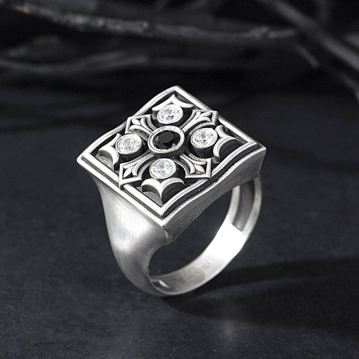 Solid Silver Cross Ring, Men's Engagement Diamond Ring, Religious Man Jewelry, Black Diamond Wedding Men Band, Unique Gift For Father's Day