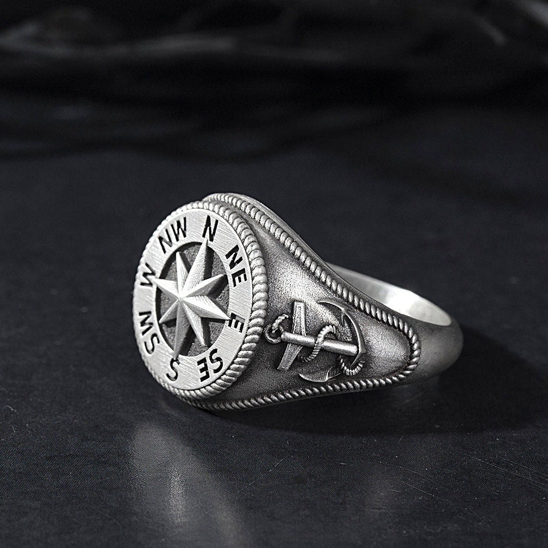 Silver Sailor Man's Compass Ring, Ship Wheel Ring, Anchor Ring, Nautical Compass Ring, Gift Rings for Sailors, Unique Gift For Father's Day