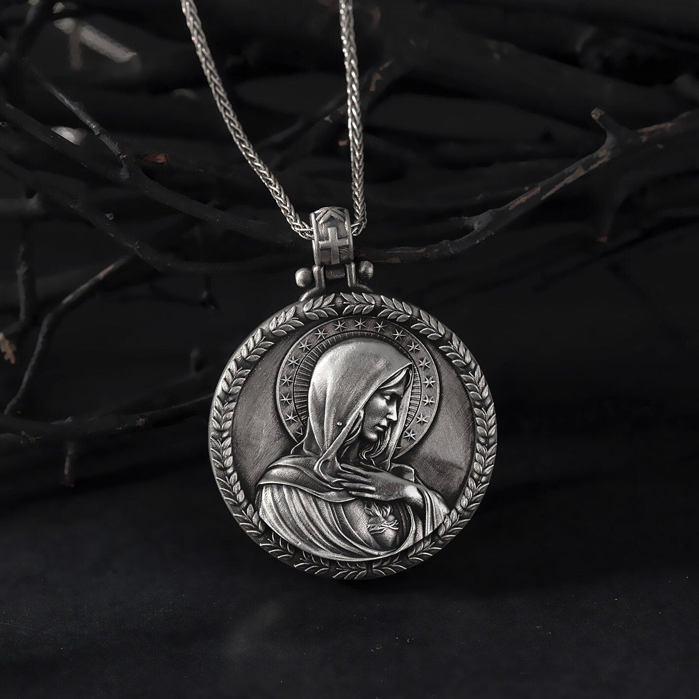 Virgin Mary Solid Silver Necklace, Miraculous Virgin Mary Pendant, Holy Mary Necklace, Religious Men Necklace, Unique Gift For Father's Day