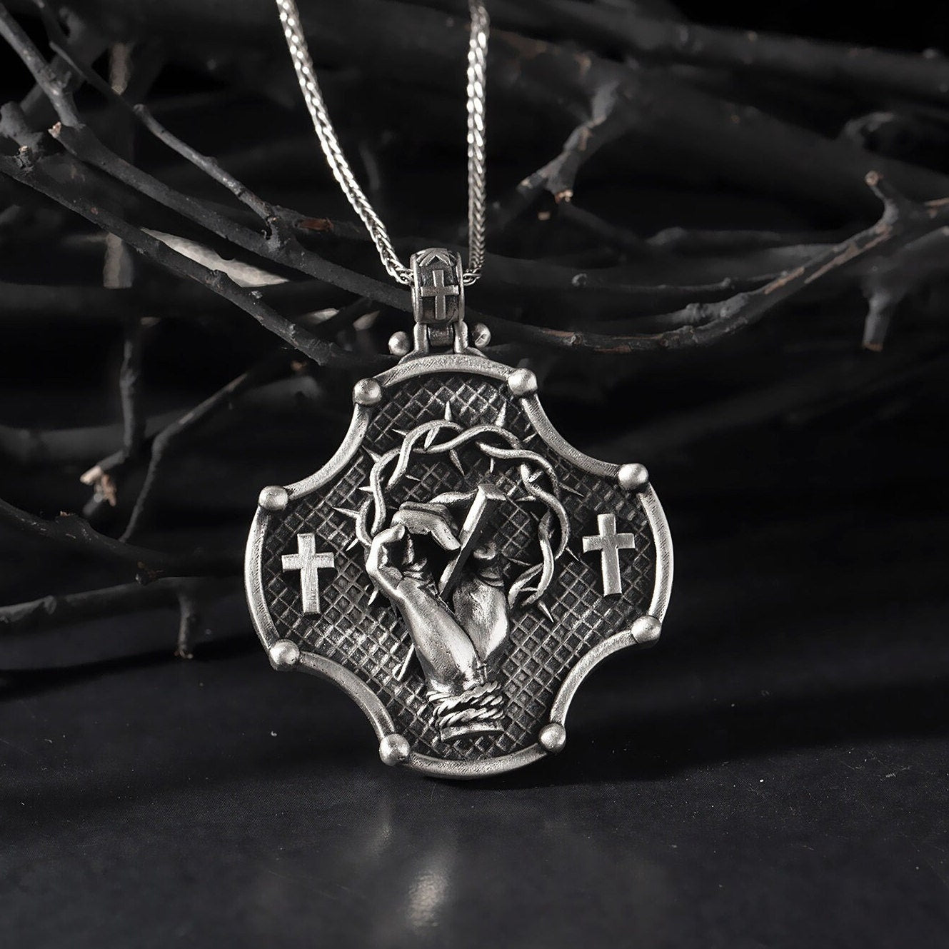 Silver Crucifix Necklace For Men, Cross Necklace, Christian Pendants, Jesus Hand Pendant, Silver Gift For Men, Unique Gift For Father's Day