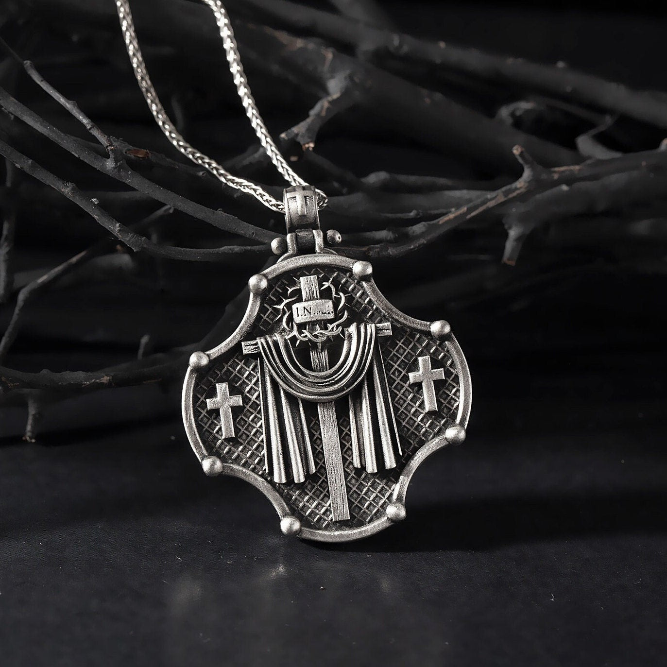 Solid Silver Crucifix Necklace, Catholic Cross Necklace, Religious Jewelry, Gift For Men, Christian Medallion, Unique Gift For Father's Day