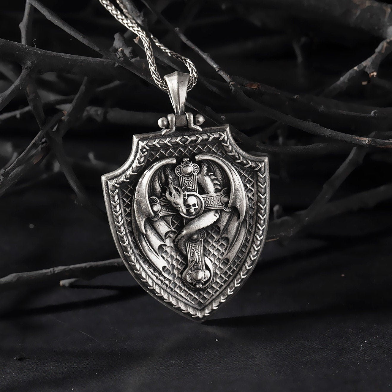 Sterling Silver Dragon Necklace, Dragon Pendant, Religious Necklaces, Gift For Husband, Cross Shield Necklace, Unique Gift For Father's Day