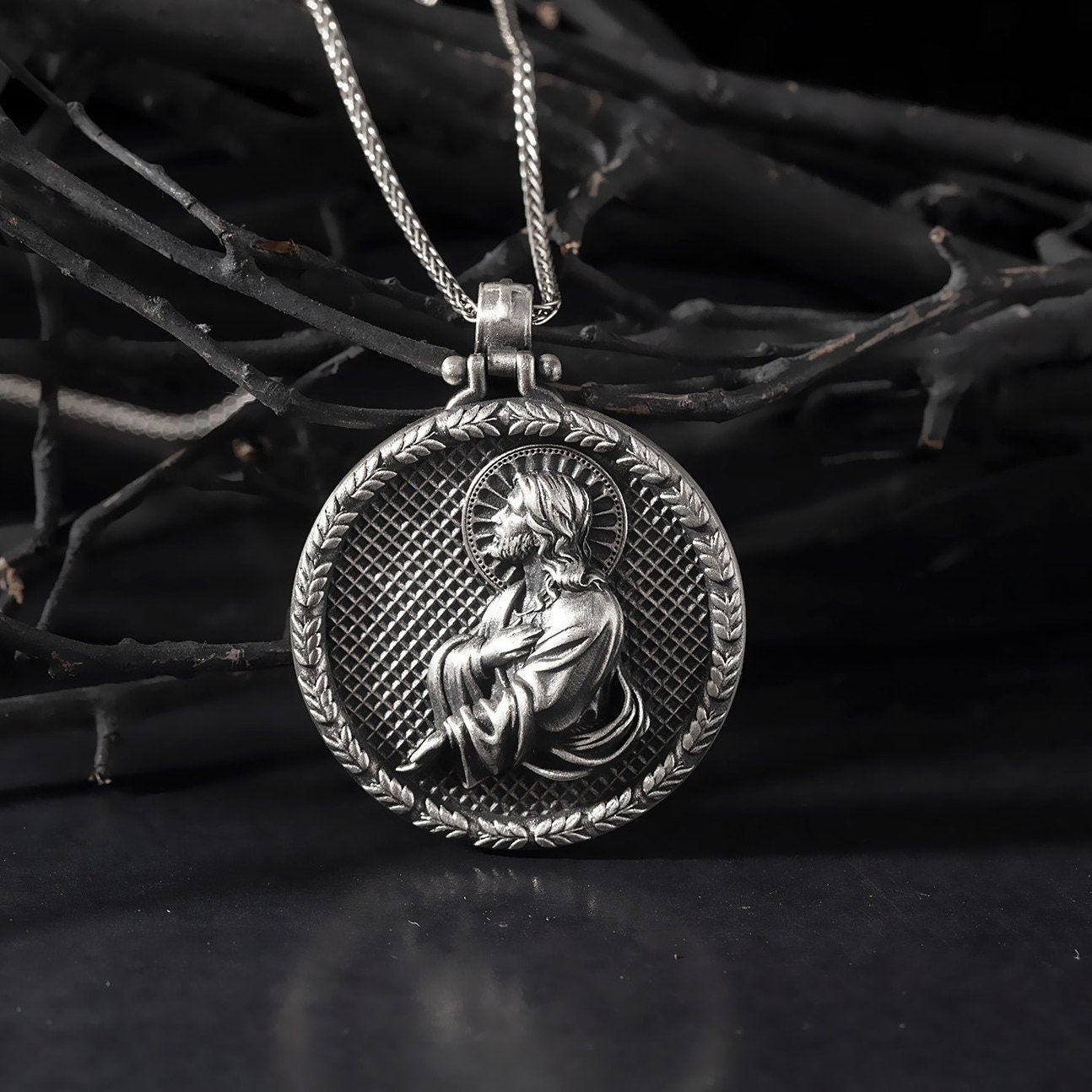 Silver Jesus Prayer Pendants, Christian Mens Necklaces, Crucifix Jesus Man Charm Medallion, Religious Jewelry, Unique Gift For Father's Day