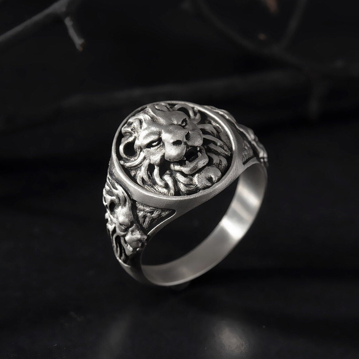 Silver Lion Signet Ring, Men's Signet Ring, Oxidized Lion Head Ring, Silver Gift For Men, Statement Lion Ring, Unique Gift For Father's Day
