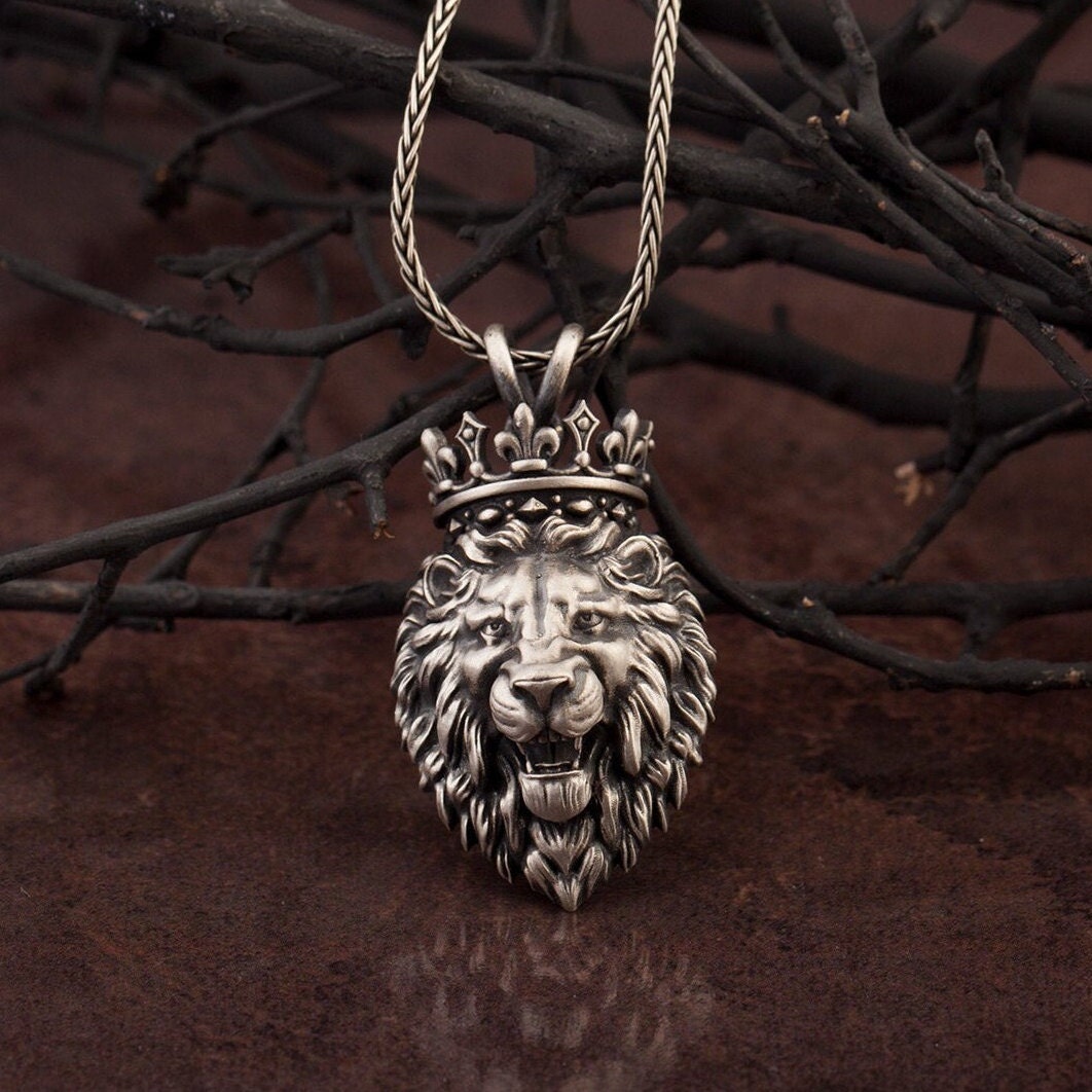 Solid Silver Lion King Necklace, Wild Lion Man Necklace, King Crown Lion Pendant, Silver Jewelry Gift For Dad, Unique Gift For Father's Day