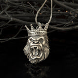 Sterling Silver Gorilla Necklace, King Crowned Gorilla Pendant, Monkey Pendant, Gift For Man, Animal Pendants, Unique Gift For Father's Day