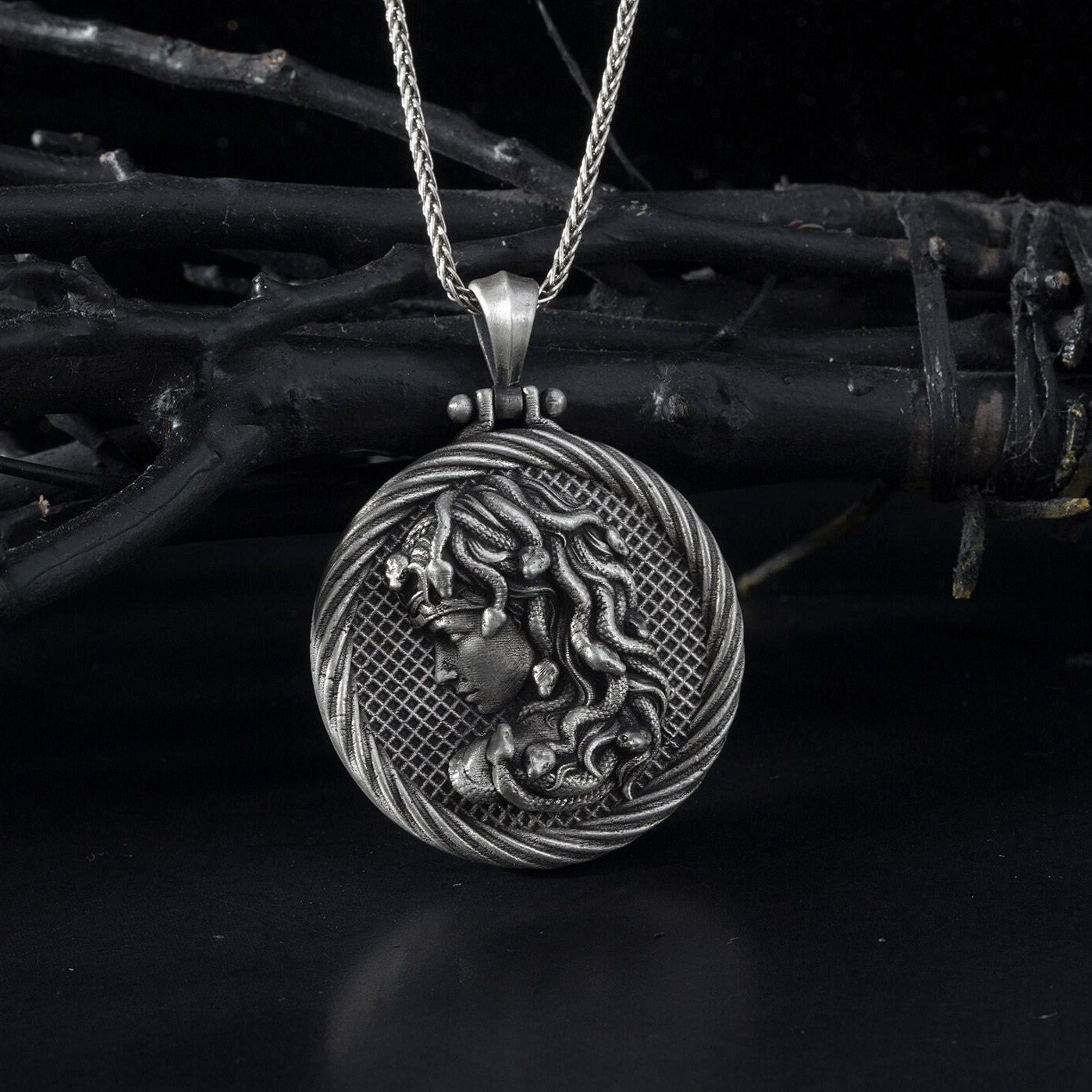 Solid Silver Medusa Necklace, Greek Mythology Man Necklaces, Ancient Medusa Head Medallion, Gift For Fathers, Unique Gift For Father's Day