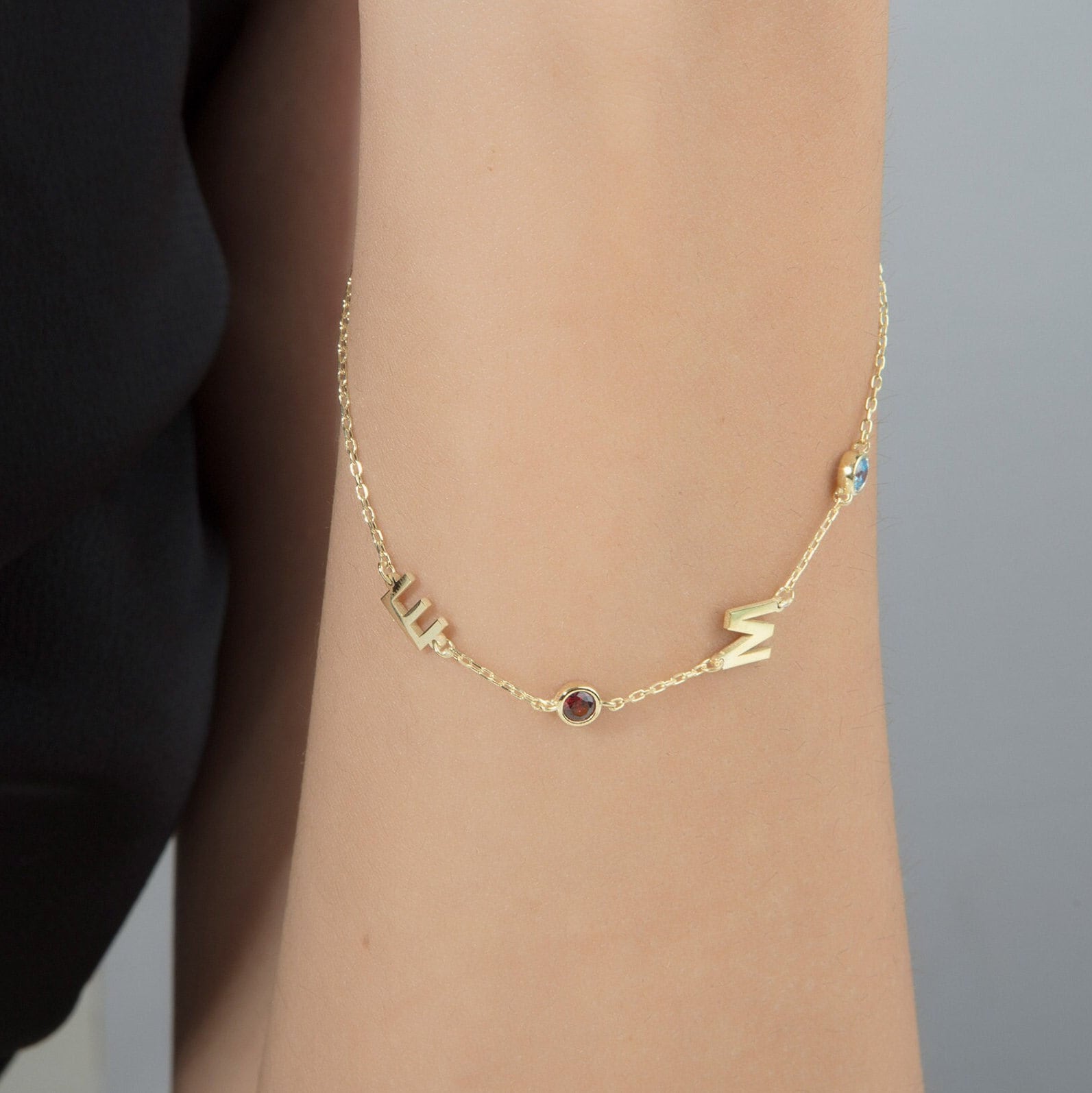 Silver Birthstone Letter Bracelet, 14K Gold Birthstone Initial Bracelet, Gift For Mother, Personalized Birthday Gift, Gift For Mothers Day