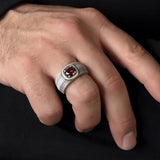 Round Gemstone Man Rings, Sterling Silver Signet Men Rings, Wedding Engagement Men Rings, Garnet Stone Rings, Unique Gift For Father's Day