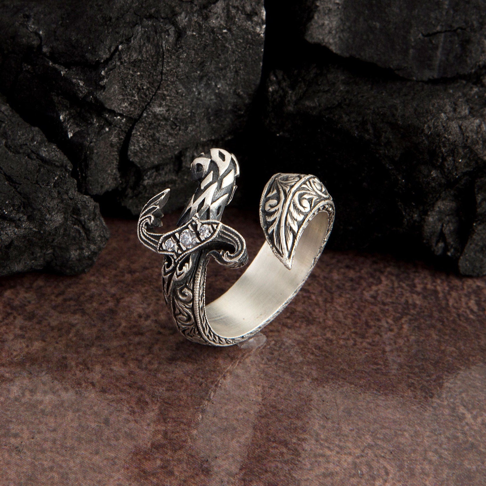 Sterling Silver Sword Rings, Handmade Engraved Rings, Men's Unique Rings, Gift For Husband, Warrior Man Rings, Unique Gift For Father's Day