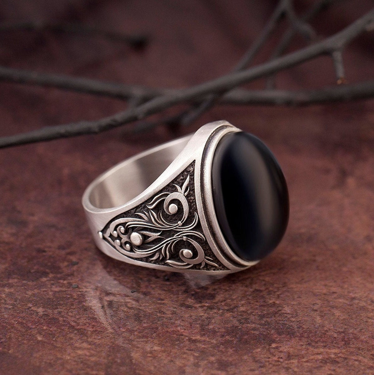 Oval Cushion Black Onyx Ring, Solid Silver Gemstone Man Ring, Men's Wedding Engagement Ring, Gift For Fathers, Unique Gift For Father's Day