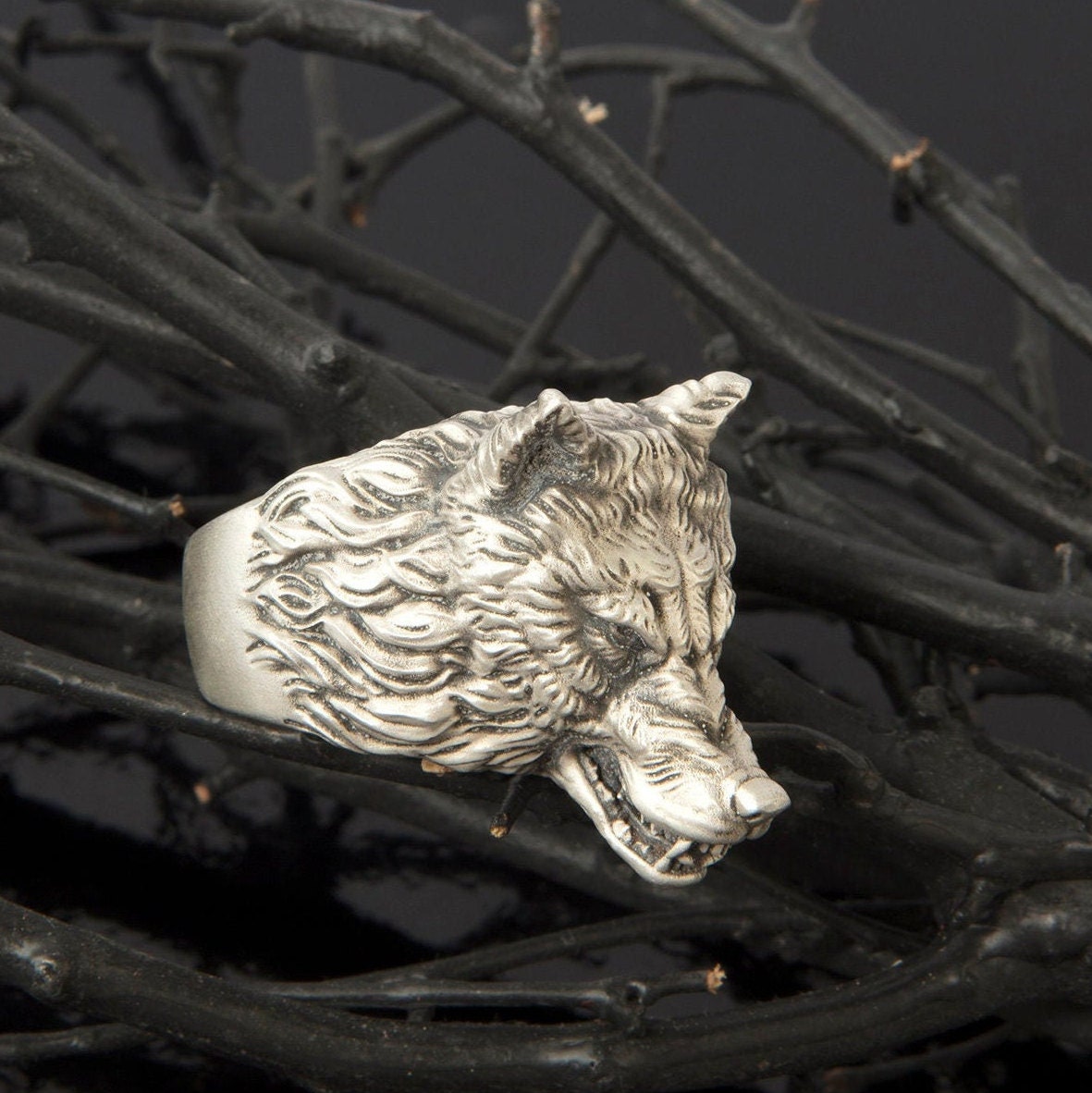 Silver Wolf Rings, Wild Angry Wolf Ring, Statement Men Rings, Oxidized Animal Rings, Wolf Head Statement Ring, Unique Gift For Father's Day