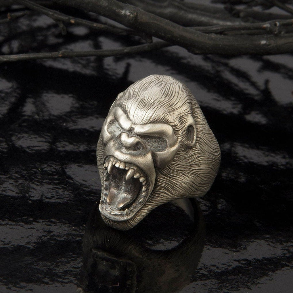 Solid Silver Gorilla Rings, Wild Gorilla Head Ring, King Kong Monkey Rings, Gifts For Men, Men's Signet Rings, Unique Gift For Father's Day