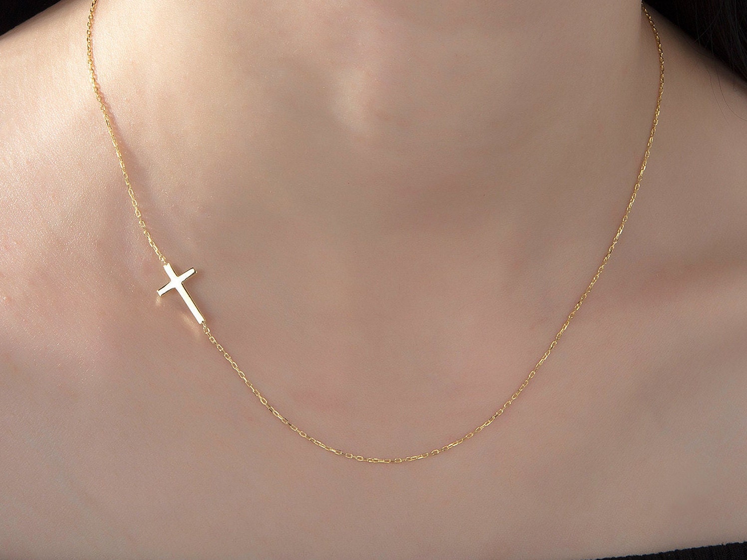 Silver Side Cross Necklace For Women, Birthday Gift For Mothers, 18K Gold Sideways Cross Necklace, Gift For Daughter, Gift For Mothers Day