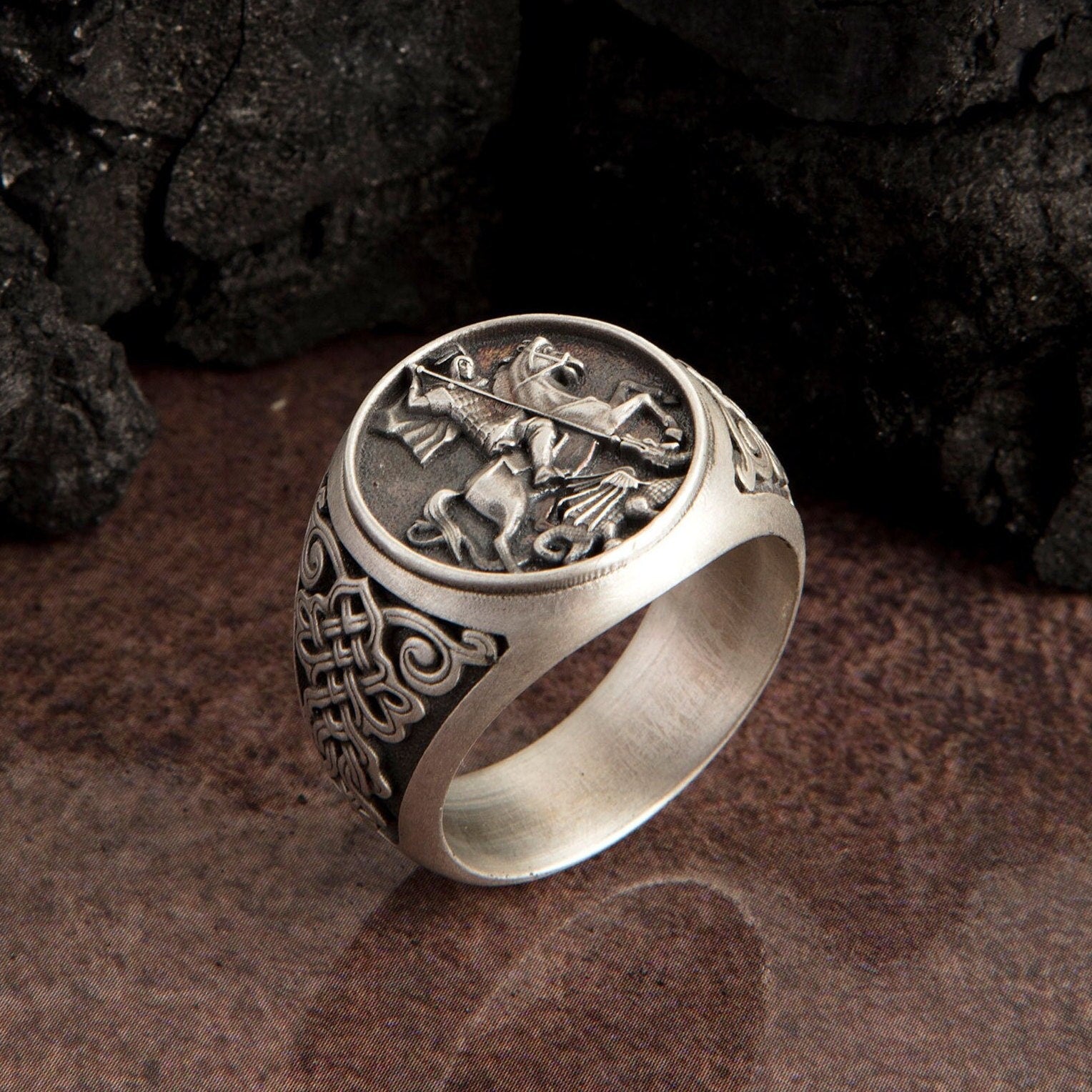 Saint George With The Dragon, Religious Jewelry, Sterling Signet St George Ring, Unique Gift For Religious Man, Unique Gift For Father's Day