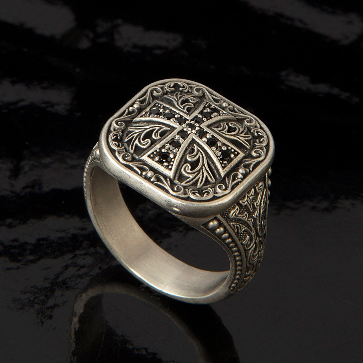 Sterling Silver Cross Ring, Men's Statement Rings, Religious Gifts, Black Diamond Wedding Engagement Man Ring, Unique Gift For Father's Day