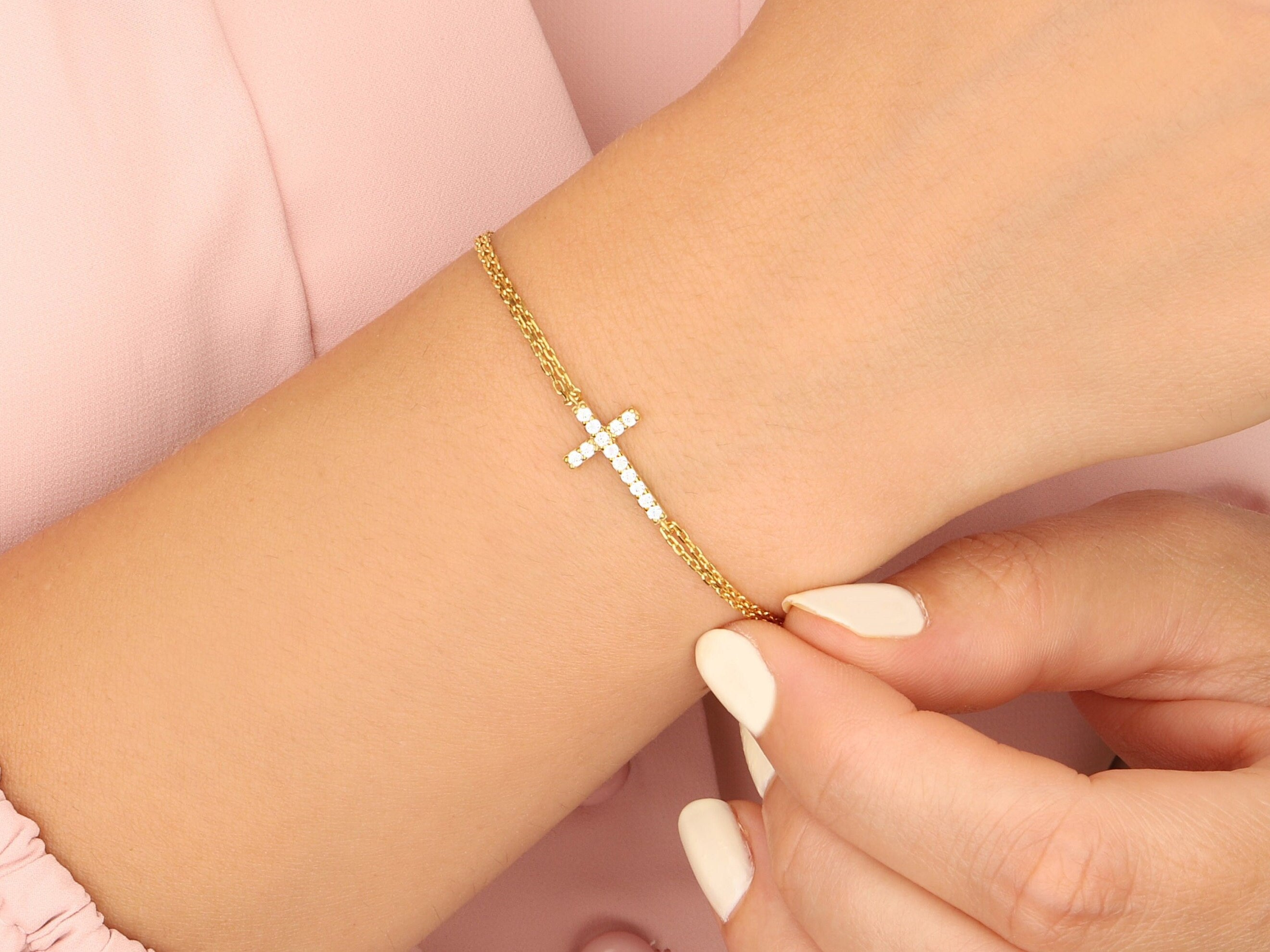 Silver Zircon Diamond Cross Bracelets, Birthday Gifts For Daughter, 14K Gold Cross Bracelet, Graduation Gift For Her, Gift For Mothers Day