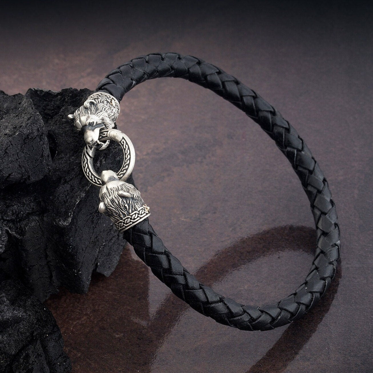 Sterling Silver Bear Bracelet, Wild Bear Head Bracelet, Men's Leather Bracelet, Gift For Men, Animal Bracelet, Unique Gift For Father's Day