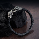 Men’s Black Braided Leather Bracelet with Sterling Silver Lion Heads