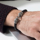 Men’s Black Braided Leather Bracelet with Sterling Silver Lion Heads