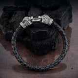 Men’s Black Braided Leather Bracelet with Sterling Silver Lion Heads