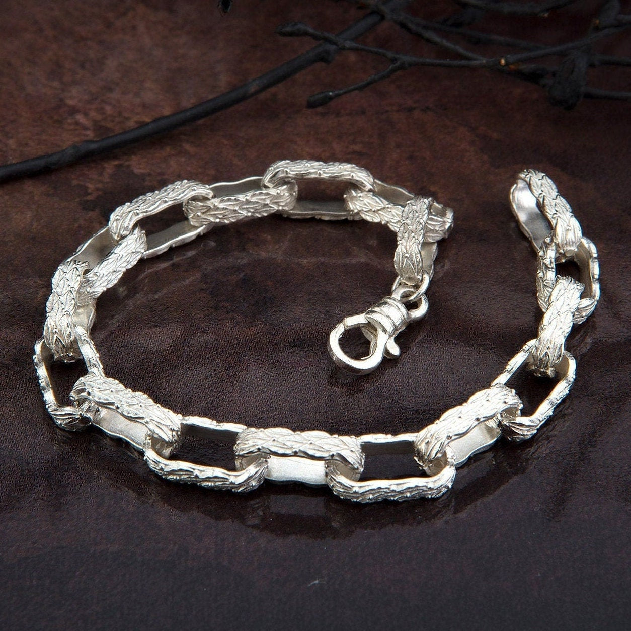 Sterling Silver Chunky Chain Bracelet, Byzantine Chain, Solid Silver Handmade Engraved Bracelet, Gift For Men, Unique Gift For Father's Day