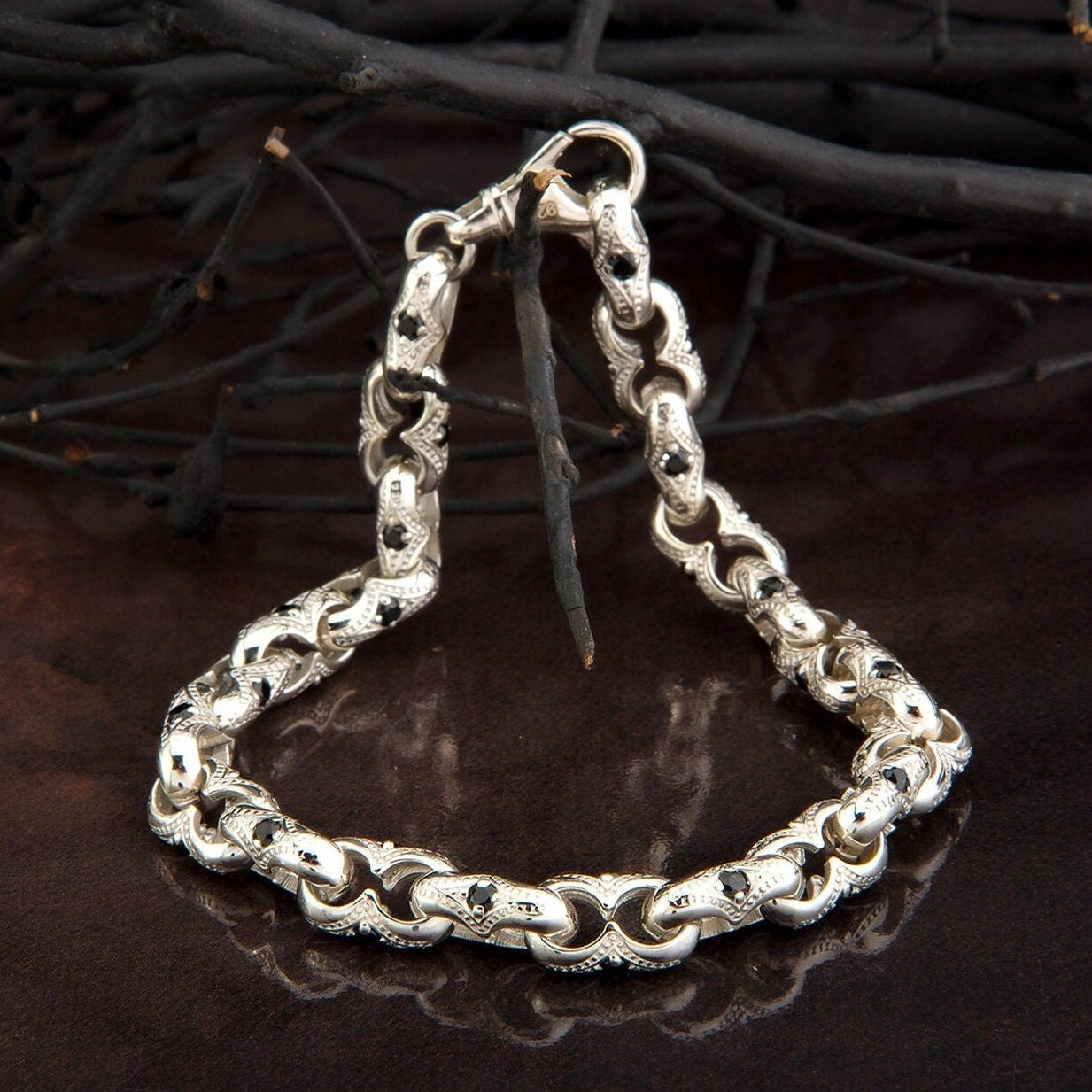 Sterling Silver Chunky Bracelet, Byzantine Chains, Men's Handmade Chain Bracelets, Black Diamond Men Bracelet, Unique Gift For Father's Day