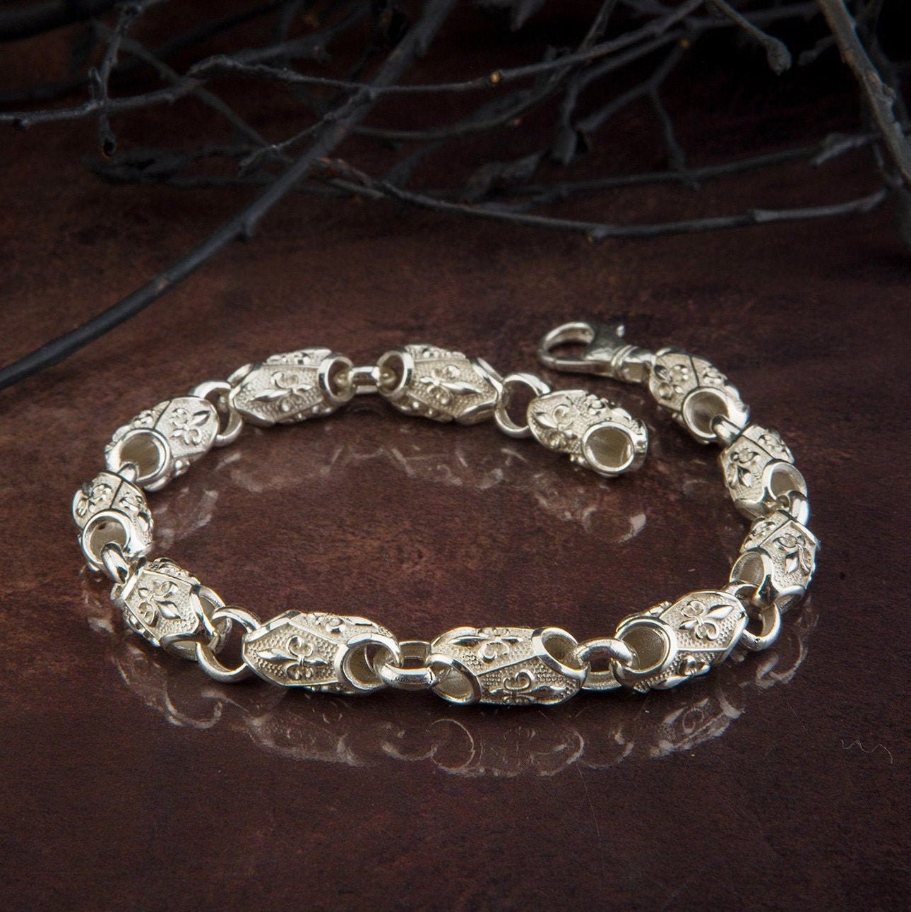 Sterling Silver Chain Bracelets For Men, Byzantine Chain Bracelet, Fleur de lis Bracelet, Gift For Boyfriends, Unique Gift For Father's Day