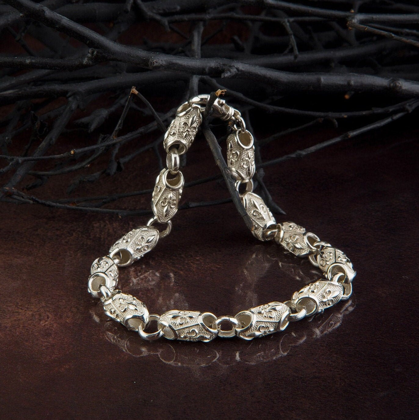Sterling Silver Chain Bracelets For Men, Byzantine Chain Bracelet, Fleur de lis Bracelet, Gift For Boyfriends, Unique Gift For Father's Day