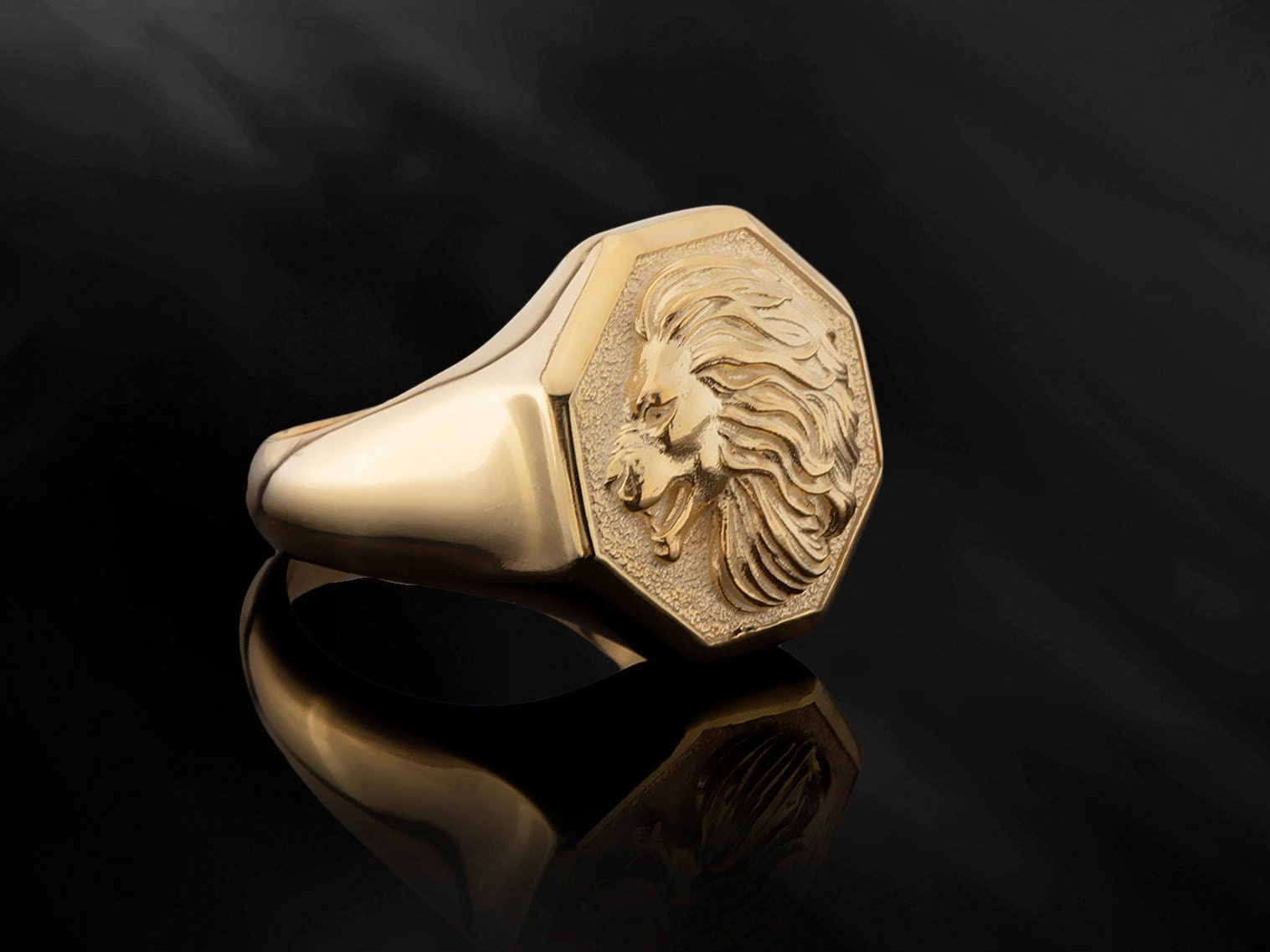 Solid Gold Lion Head Rings, 14K Gold Wild Lion Signet Ring, Gifts For Fathers, Animal Statement Rings For Men, Unique Gift For Father's Day