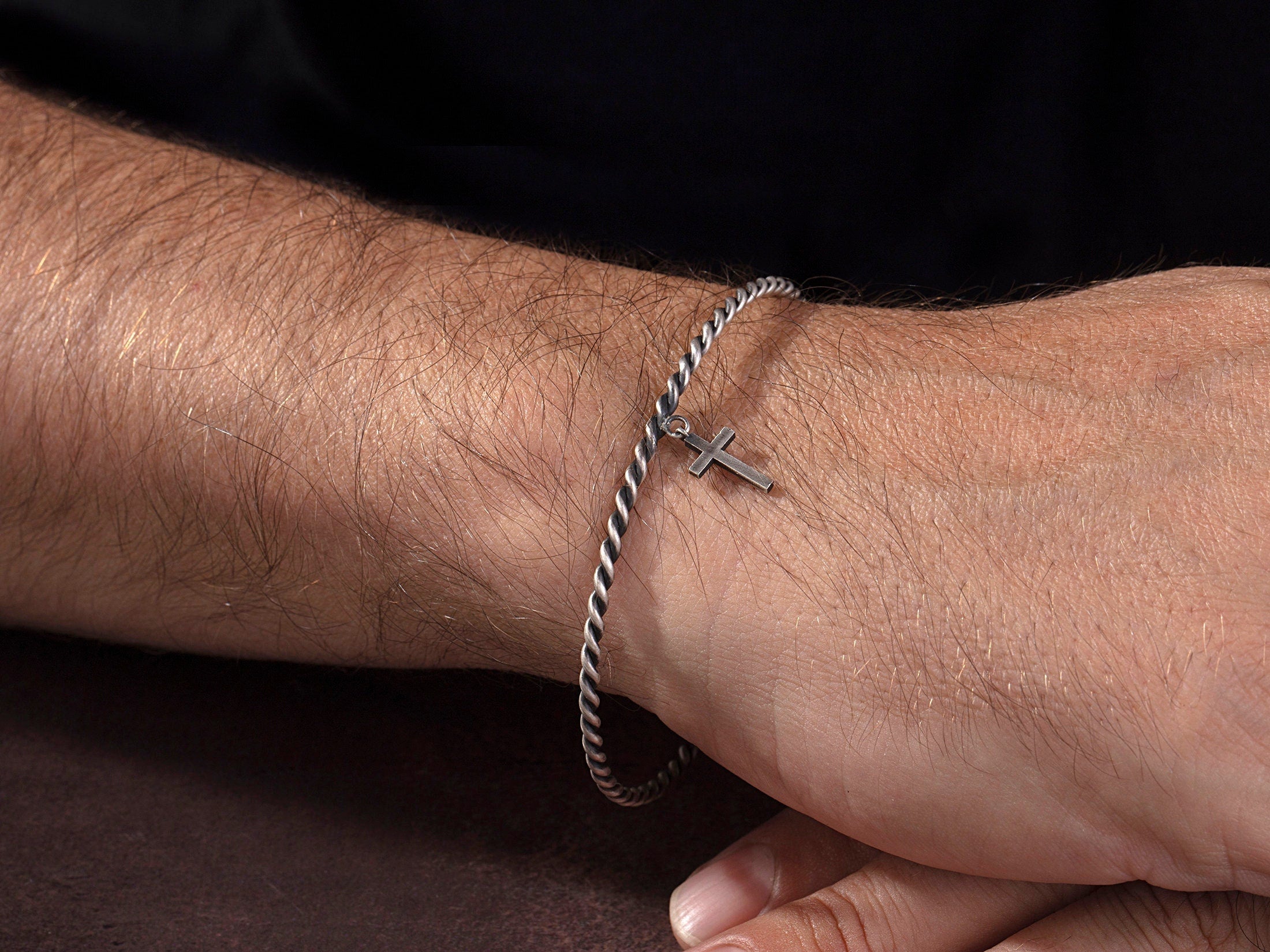 Sterling Silver Rope Bracelet, Cross Bracelet For Men, Crucifix Bracelet, Religious Jewelry, Gift For Fathers, Unique Gift For Father's Day