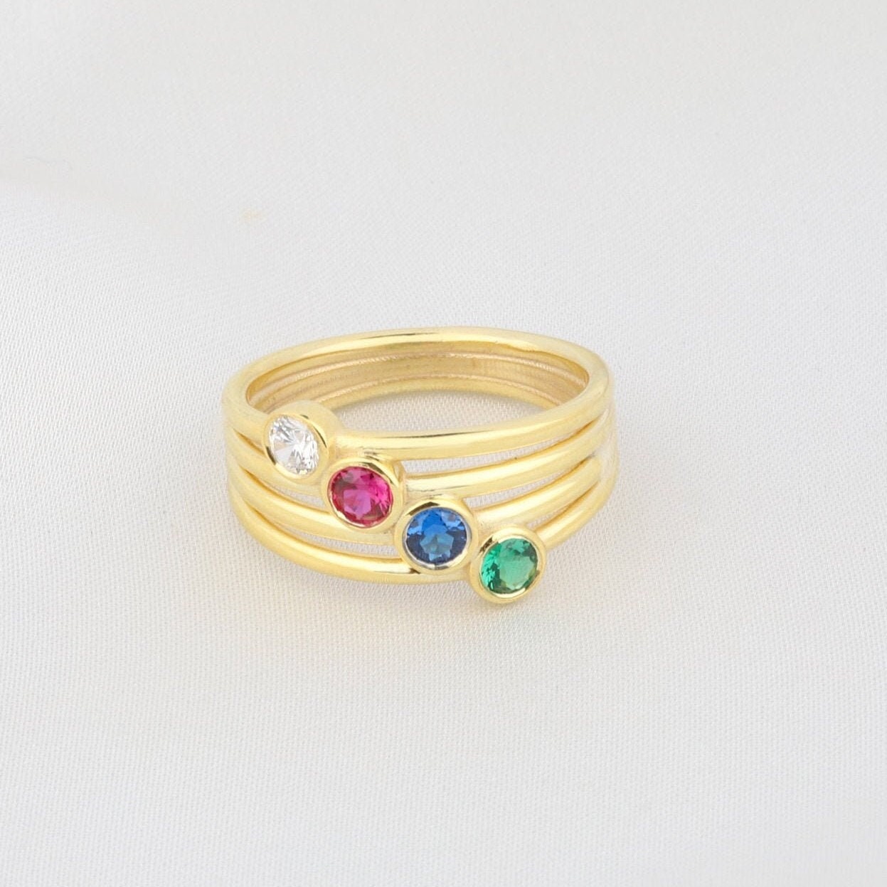 10K Gold Multi-Band Birthstone Ring, Custom Made Gifts, Silver Birthstone Bands, Personalized Jewelry, Gifts For Her, Gift For Mothers Day