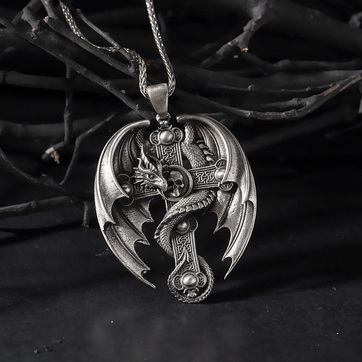 Solid Silver Dragon Necklace, Cross Pendants, Religious Jewelry, Catholic Crucifix Necklace, Gift For Fathers, Unique Gift For Father's Day