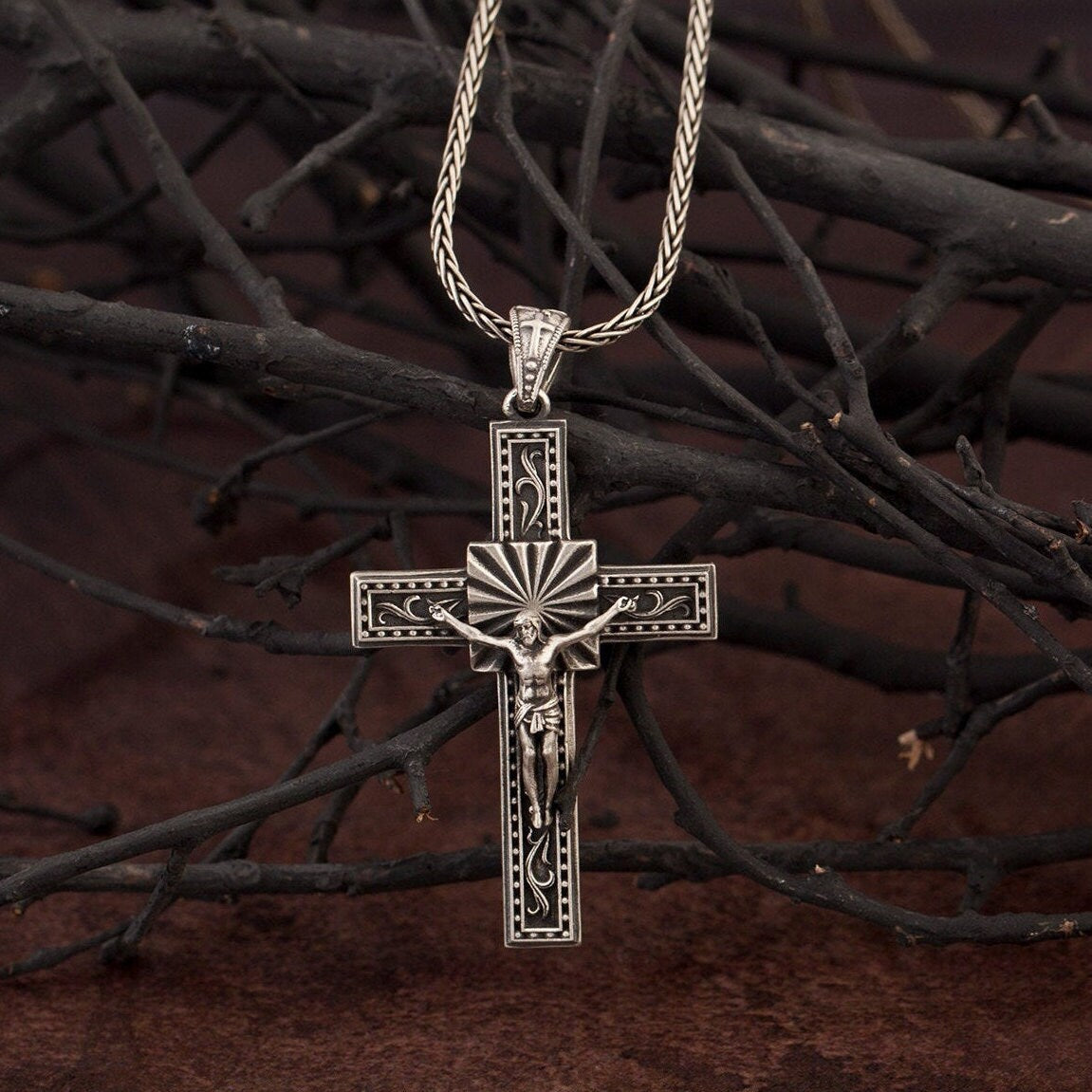 Sterling Silver Crucifix Man Necklace, Jesus Cross Pendant, Religious Gift For Father, Catholic Cross Pendant, Unique Gift For Father's Day