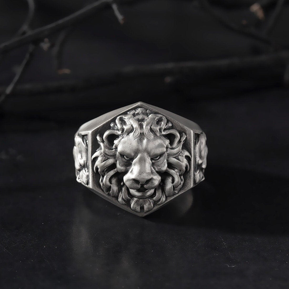 Silver Lion Head Ring, Men's Unique Lion Ring, Oxidized Signet Ring, Gift For Fathers, Statement Animal Rings, Unique Gift For Father's Day