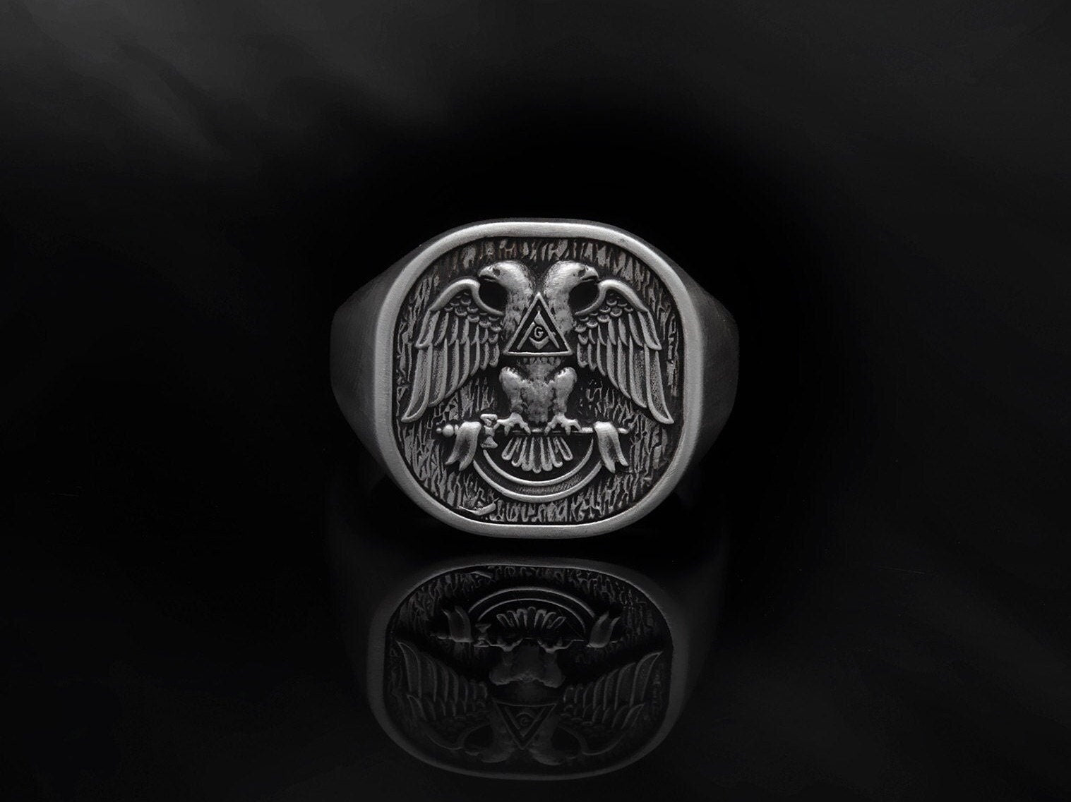 Silver Signet Masonic Rings, Freemason Statement Rings, Master Mason Rings, Double Headed Masonic Eagle Ring, Unique Gift For Father's Day