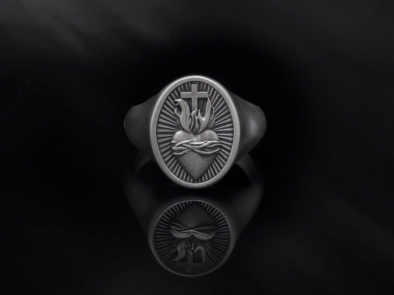 Silver Sacred Heart Man Ring, Crucifix Statement Rings, Men's Religious Jewelry, Birthday Gifts For Husbands, Unique Gift For Father's Day